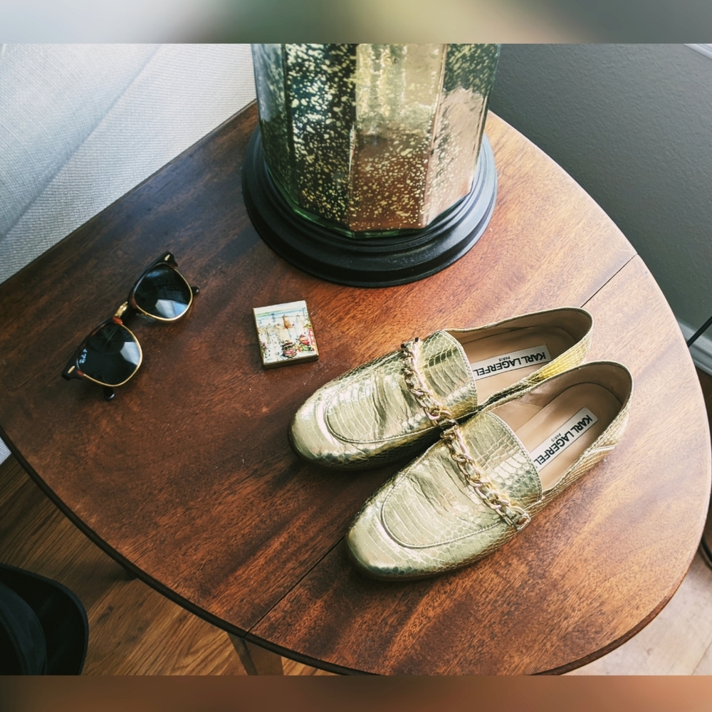 Karl Lagerfeld Paris Gold Snakeskin Loafers sz 6.5